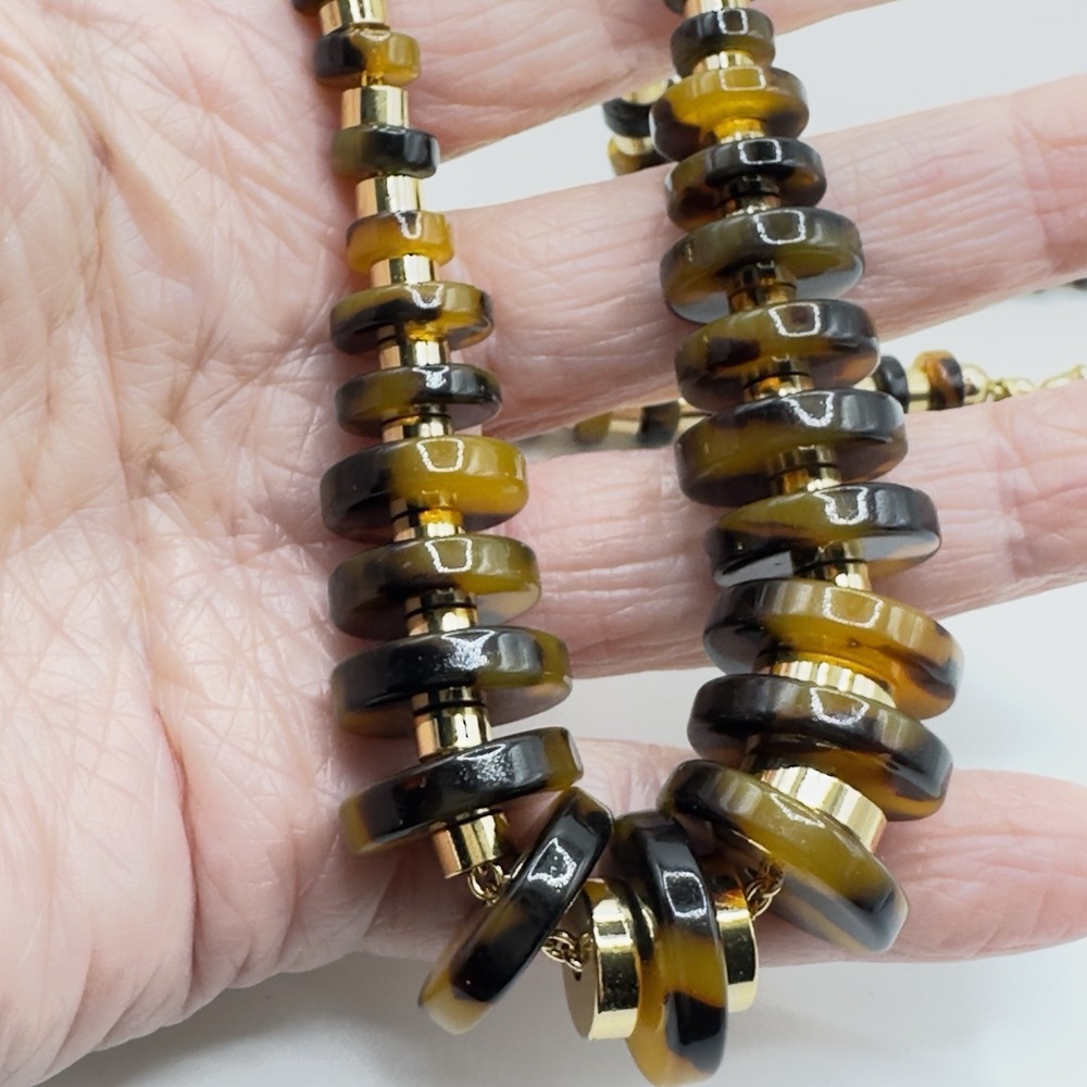 J Crew Necklace Graduated Lucite Discs Warm Tones Gold Tone Spacers On Chain 19" - Picture 3 of 12